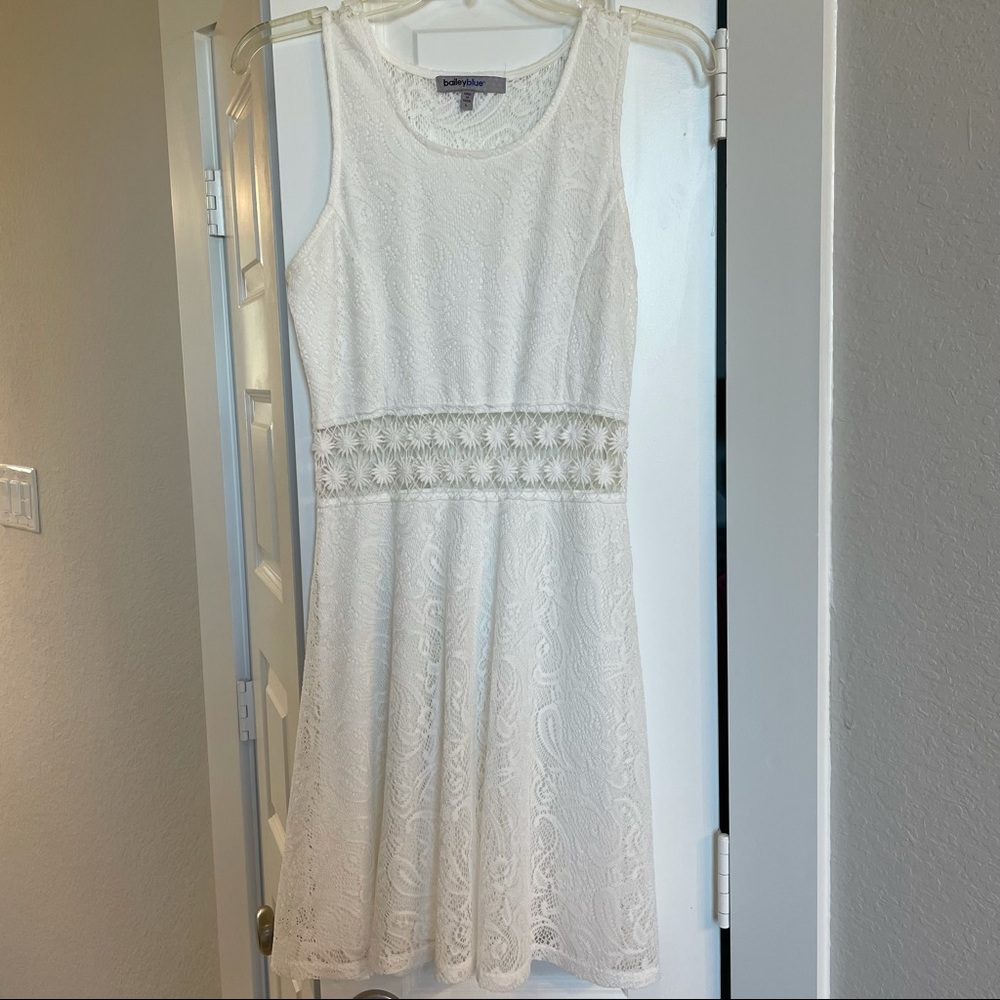 Francesca’s Bailey blue lace white dress